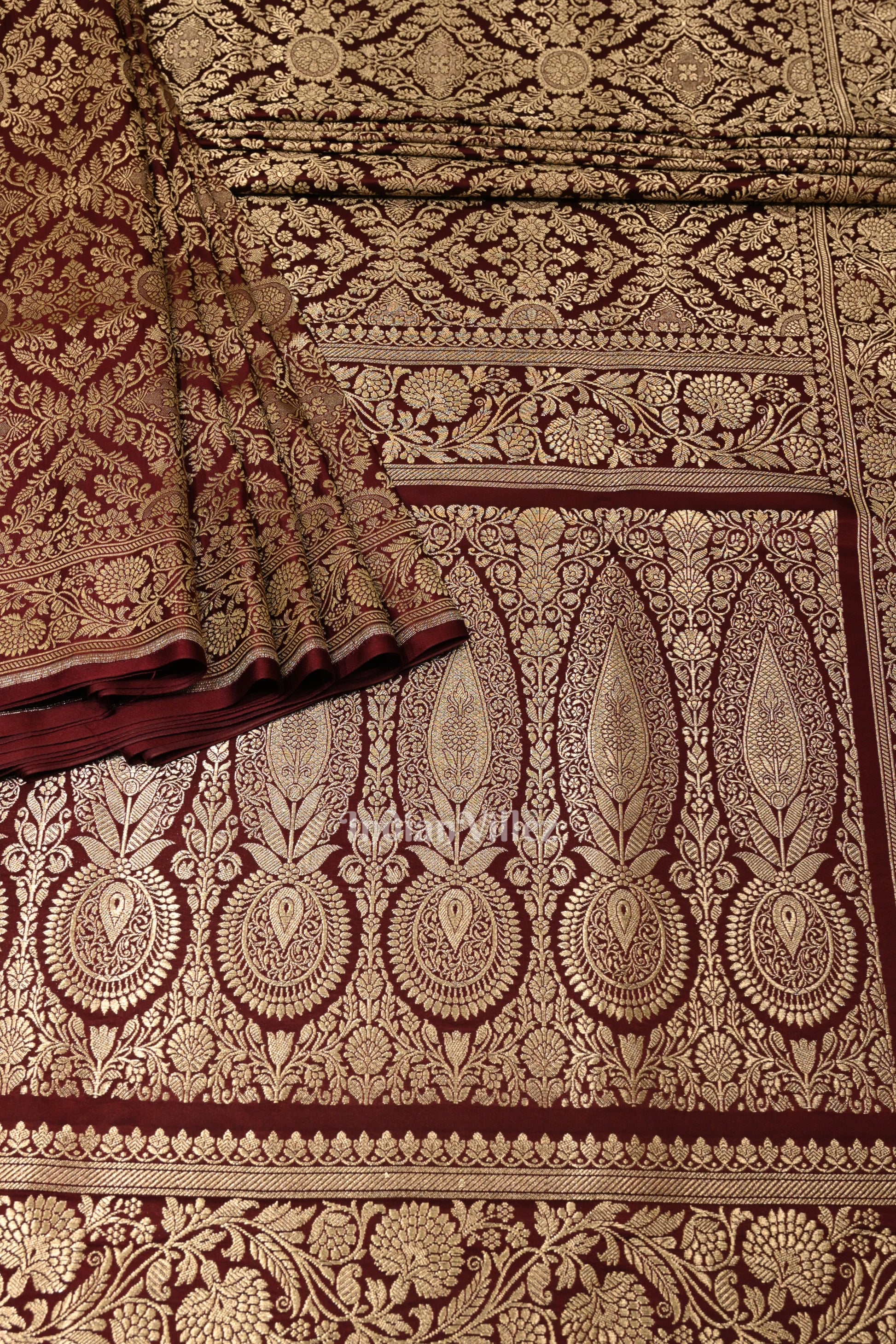 Exclusive Bridal Maroon Meenakari Pure Mashru Satin Silk Banarasi Saree