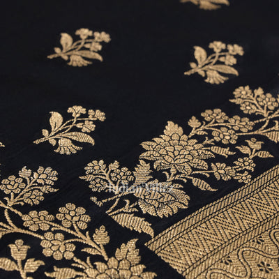 Navy Blue Flower Motif Mashru Satin Silk Banarasi Saree