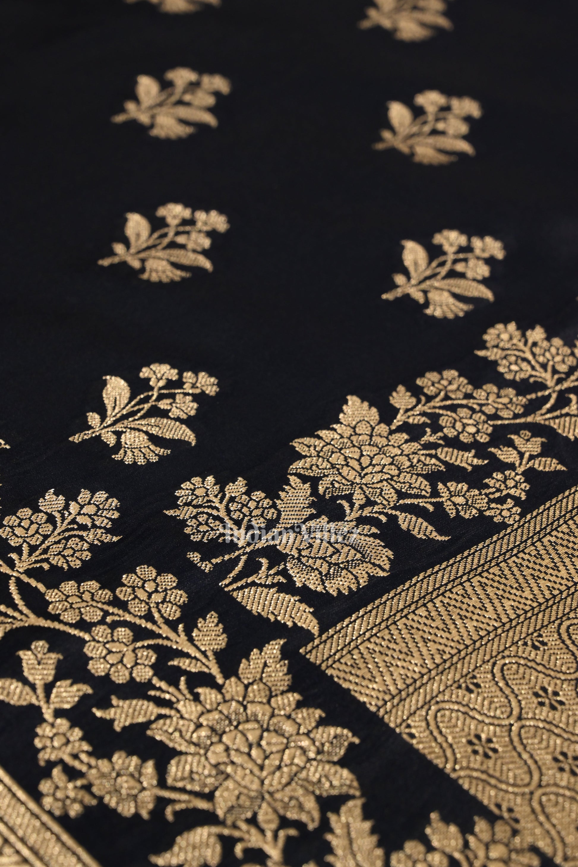 Navy Blue Flower Motif Mashru Satin Silk Banarasi Saree