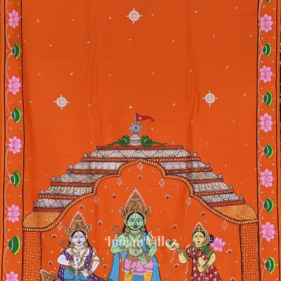Orange Ramayana Theme Hand-Painted Pattachitra Saree