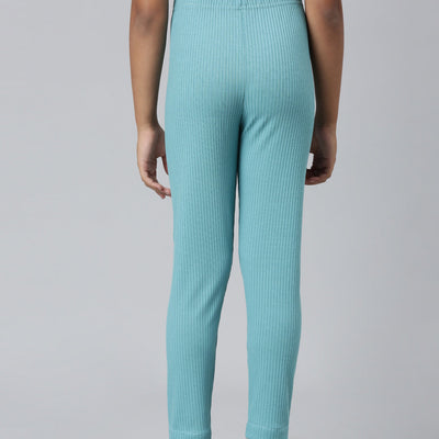 Girls Solid Dark Mint Mid Rise Rib Leggings