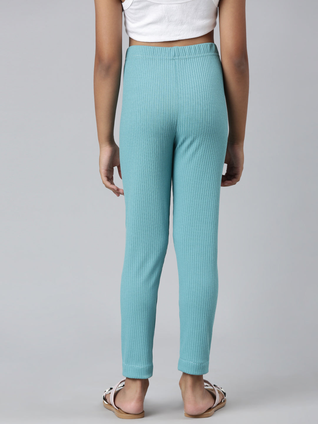 Girls Solid Dark Mint Mid Rise Rib Leggings