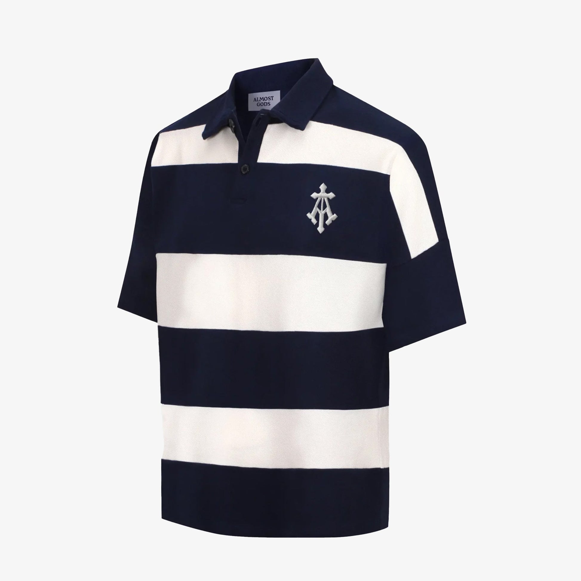ALMOST GODS | ALPHA CROSS WOVEN STRIPED POLO { NAVY/WHITE