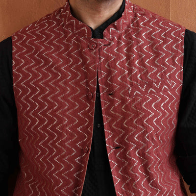 trueBrowns Men's Rust Cotton Dobby Nehru Jacket