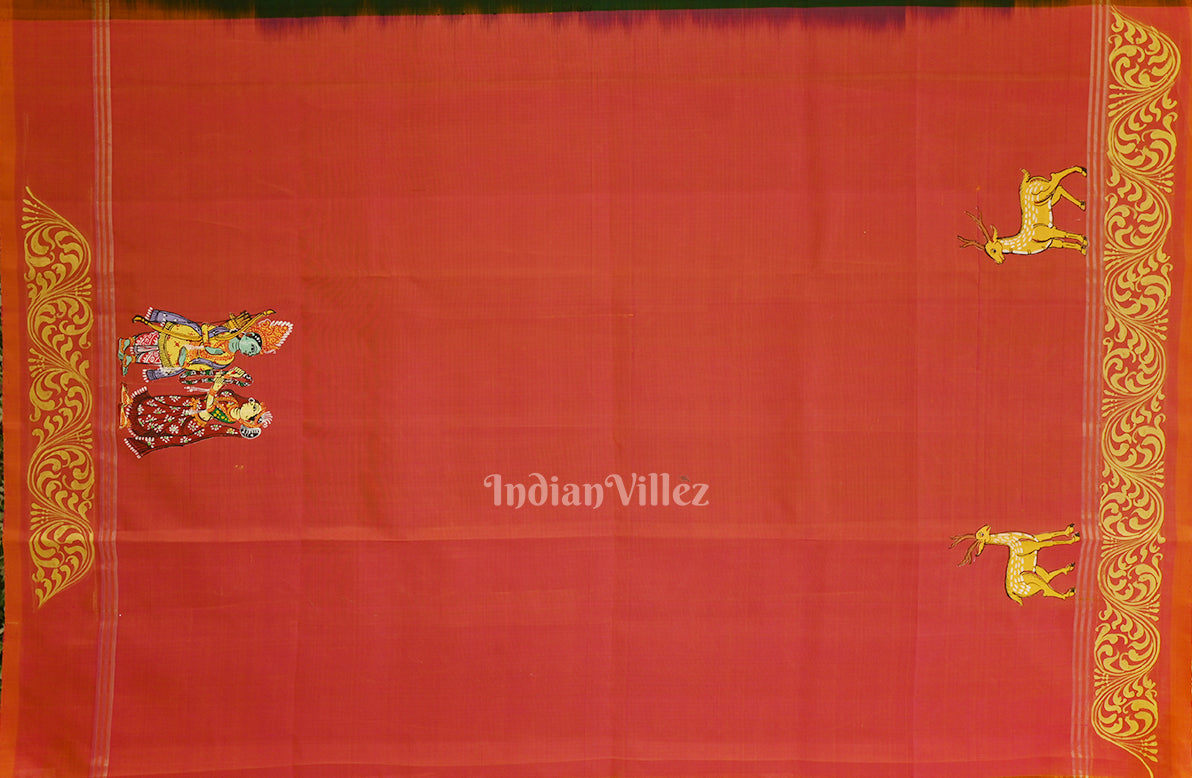 Green With Light Pink Ramayan Theme Hand-Painted Pattachitra Saree