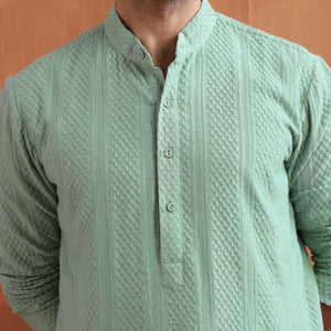 trueBrowns Men's Green Cotton Dobby Kurta