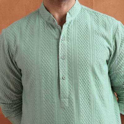 trueBrowns Men's Green Cotton Dobby Kurta