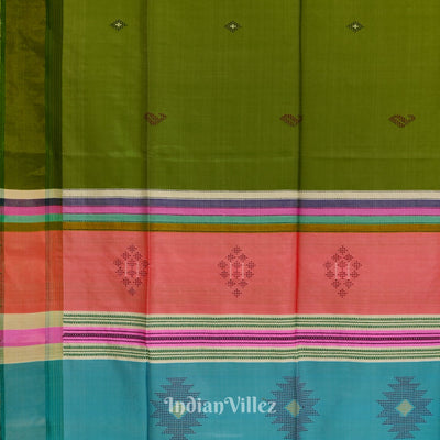 Parrot Green with Multicolor Pure Bishnupuri  Double Pallu Silk Saree