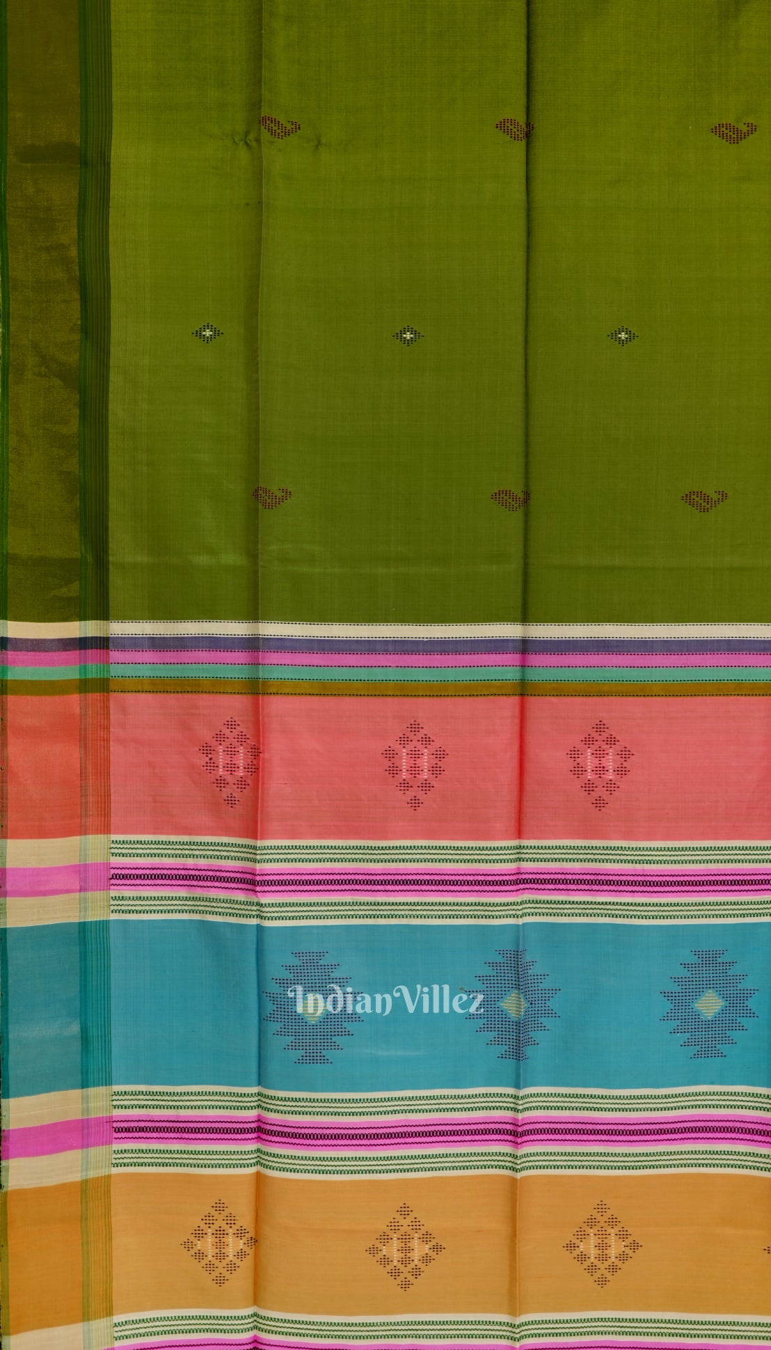 Parrot Green with Multicolor Pure Bishnupuri  Double Pallu Silk Saree