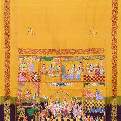 Yellow Violet Ramayan Hand-Painted Pattachitra Saree