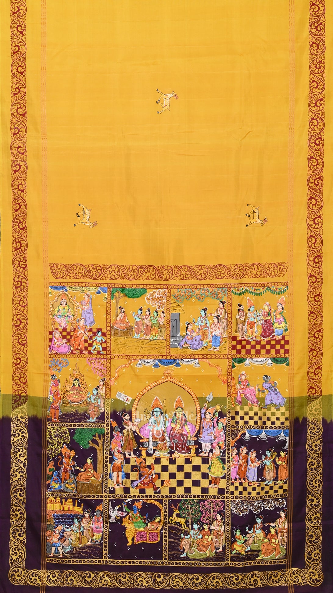Yellow Violet Ramayan Hand-Painted Pattachitra Saree