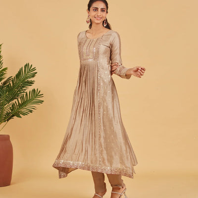 Taupe Kurta Set With Contrast Wine Dupatta