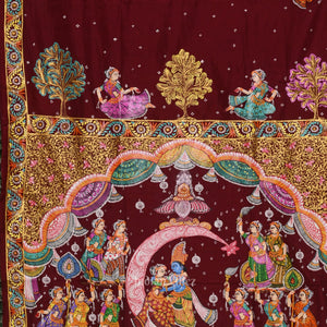Maroon Ardha Chandra Krishna Rasa Leela Hand-Painted Pattachitra Saree (Pre Order)
