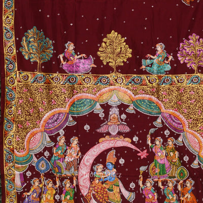 Maroon Ardha Chandra Krishna Rasa Leela Hand-Painted Pattachitra Saree (Pre Order)