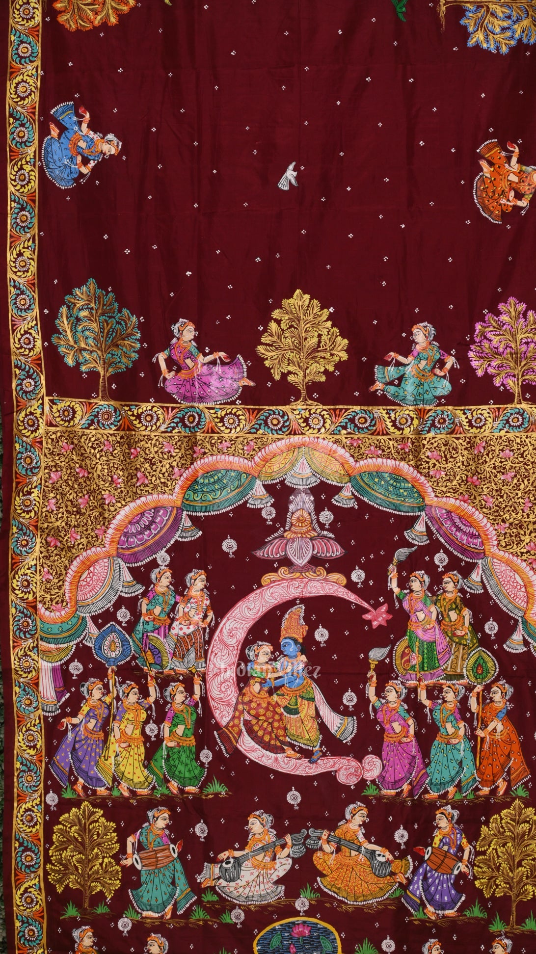 Maroon Ardha Chandra Krishna Rasa Leela Hand-Painted Pattachitra Saree (Pre Order)