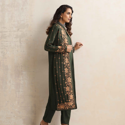 trueBrowns Green Kashmiri Woollen Jacket 3pc Set