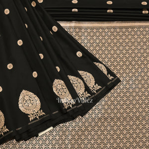 Black Floral Motif Mashru Satin Silk Banarasi Saree