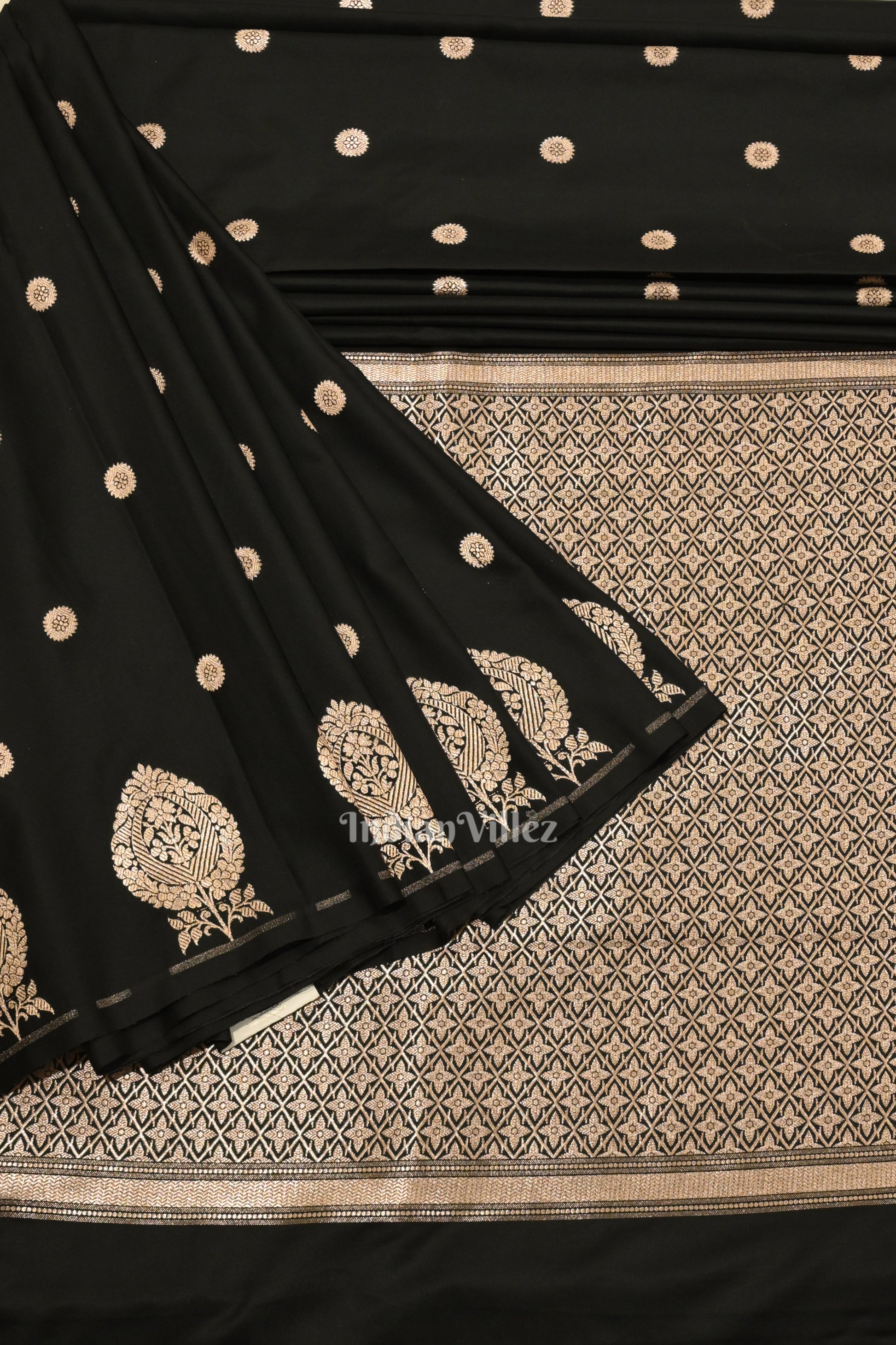 Black Floral Motif Mashru Satin Silk Banarasi Saree