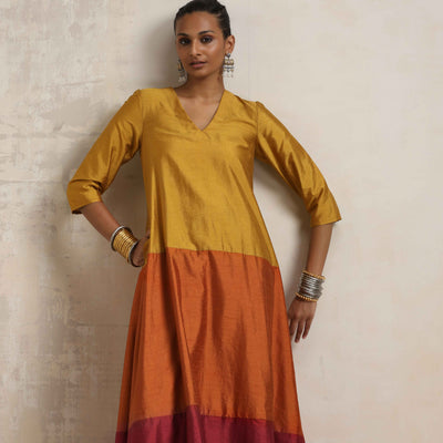 trueBrowns Gold Orange Silk A-line Kurta Set