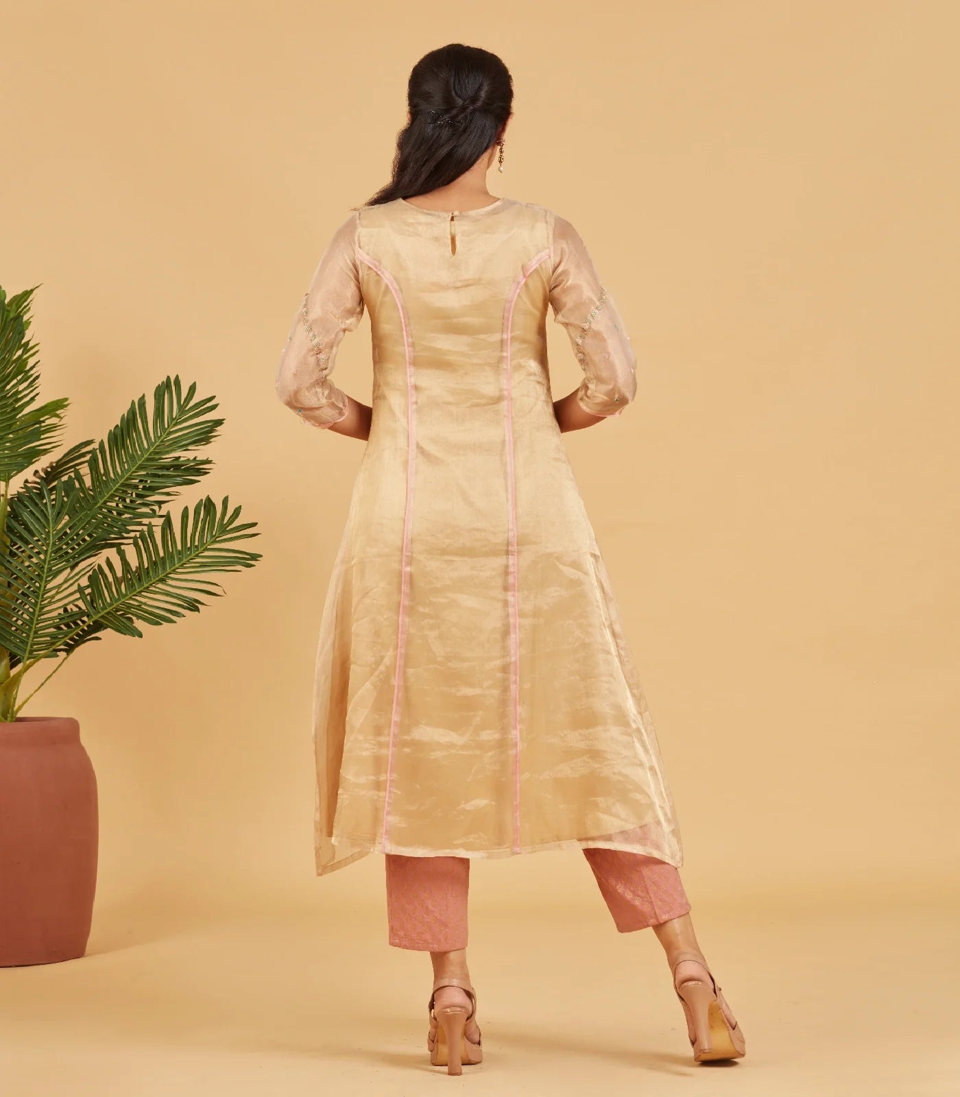 Beige And Gold Tissue Kurta