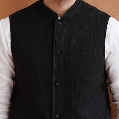 trueBrowns Men's Black Textured Cotton Dobby Nehru Jacket