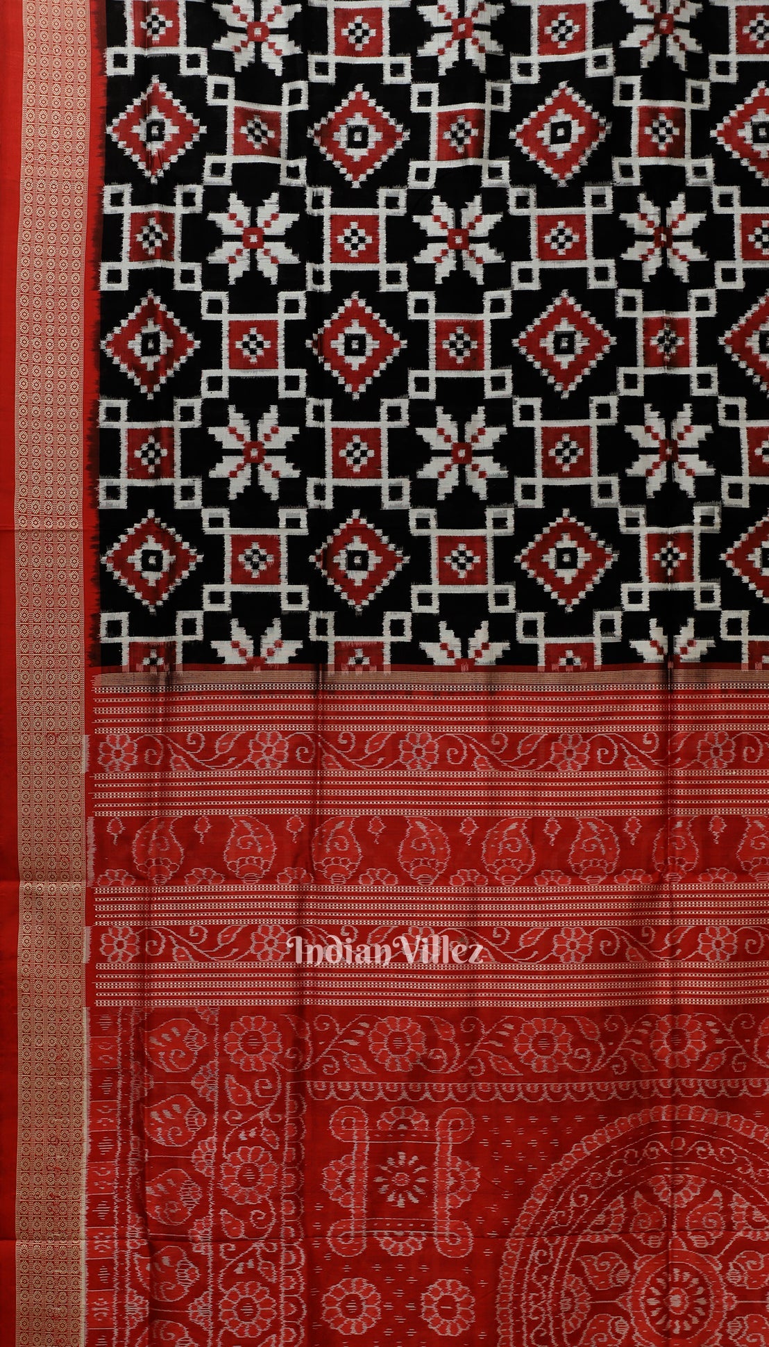 Black Red Odisha Ikat Pure Sambalpuri Silk Saree