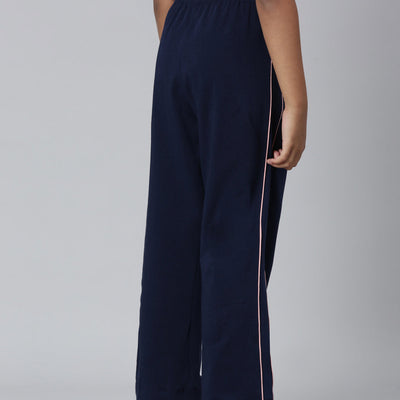 Girls Navy Side Stripe Mid Rise Track Pants