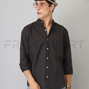 Frankshirt Chinese Collar Black Solid Tailored Fit Cotton Casual Shirt for Man