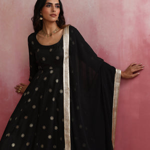 trueBrowns Black Viscose Silk Kurta Dupatta Set