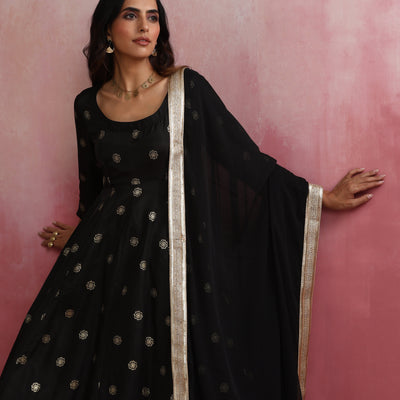 trueBrowns Black Viscose Silk Kurta Dupatta Set