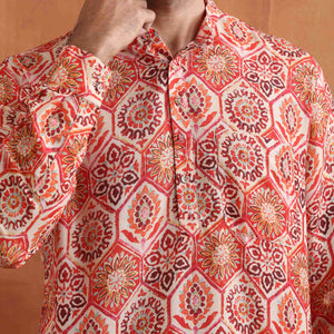trueBrowns Men's Beige Printed Short Kurta