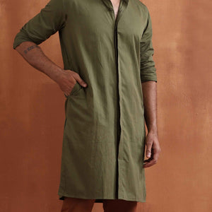 trueBrowns Men's Olive Green Cotton Front Open Kurta