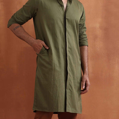 trueBrowns Men's Olive Green Cotton Front Open Kurta