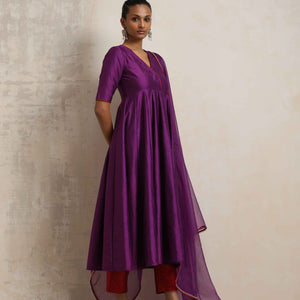 trueBrowns Purple Silk Anarkali Kurta Pant Dupatta Set