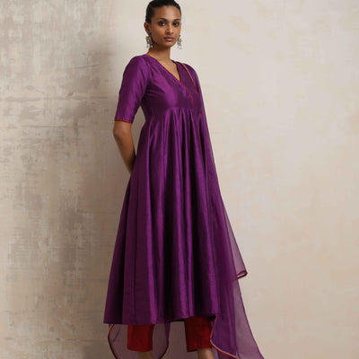 trueBrowns Purple Silk Anarkali Kurta Pant Dupatta Set
