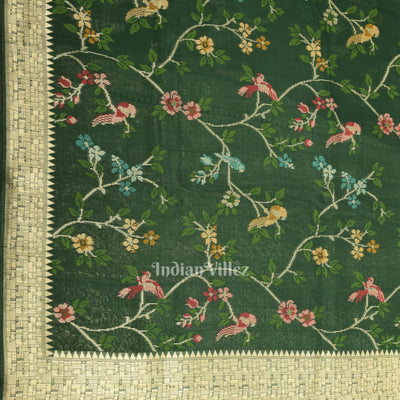 Dark Green Tussar Khaddi Georgette Banarasi Saree with Tassels