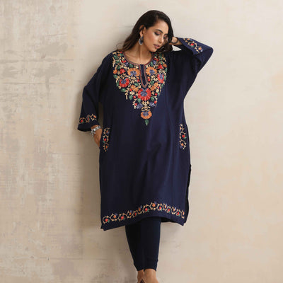 trueBrowns Blue Kashmiri Floral Embroidered Woollen Phiran Kurta