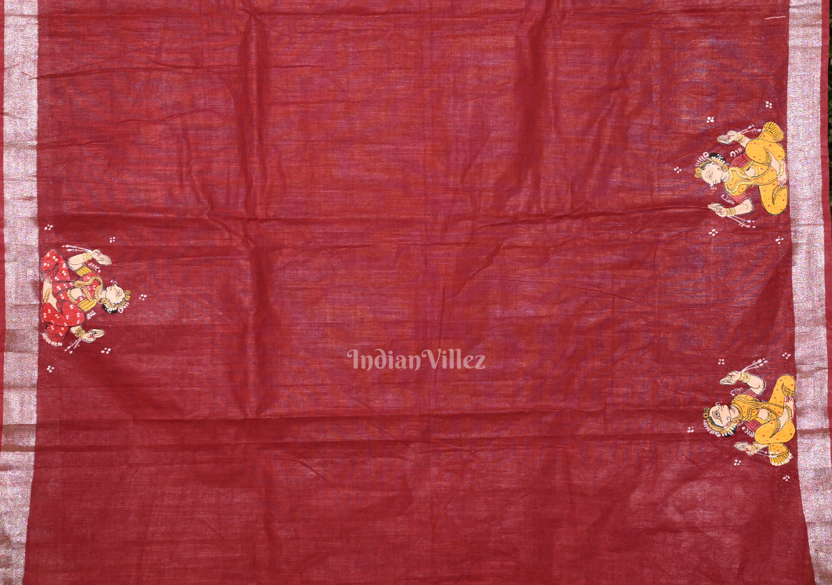 Maroon Nartaki Musical Theme  Hand-Painted Pattachitra Saree