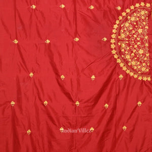Yellow Red Floral Motif Pure Silk Hand Embroidered Saree