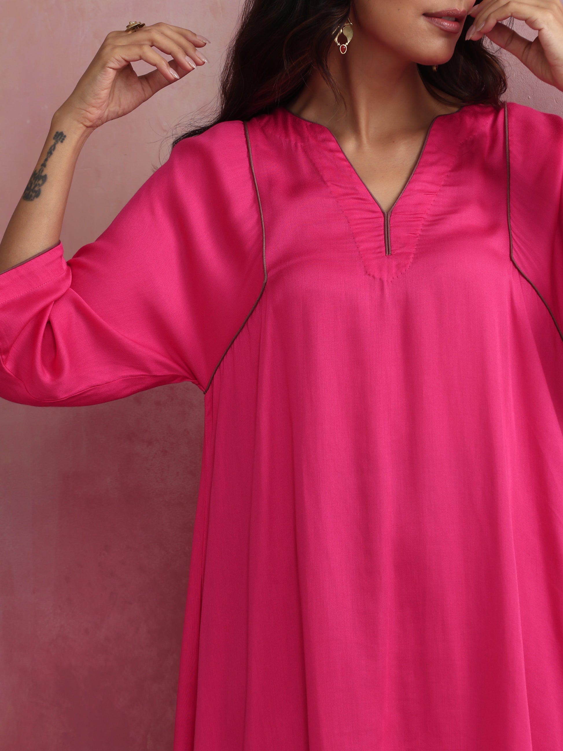 trueBrowns Pink Modal Kimono Kurta Co-ord Set