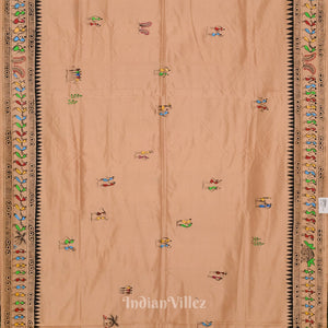 Beige Konark Temple Theme Pattachitra Silk Saree