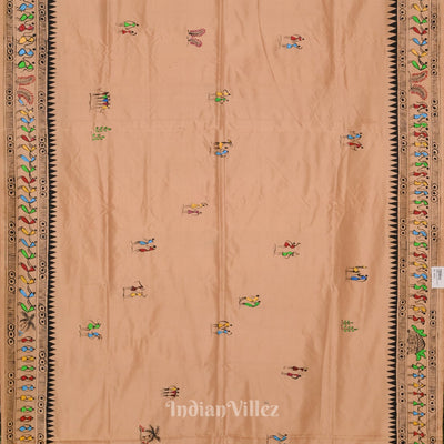 Beige Konark Temple Theme Pattachitra Silk Saree