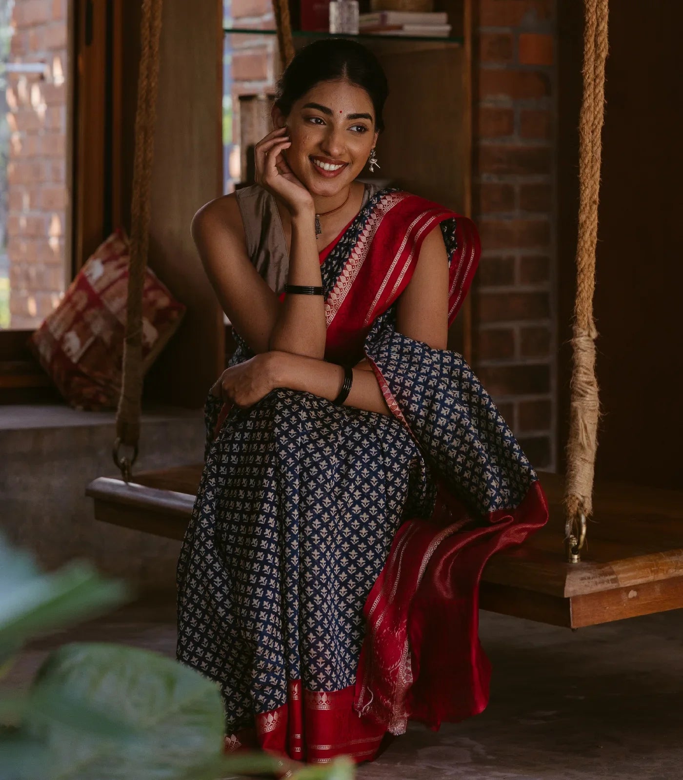 Indo Chanderi Cotton Saree with Screen-printed Floral Motifs in a striking red border