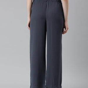 Women Solid Dark Jean Blue High Rise Crepe Wide Pant
