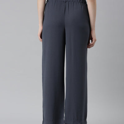 Women Solid Dark Jean Blue High Rise Crepe Wide Pant