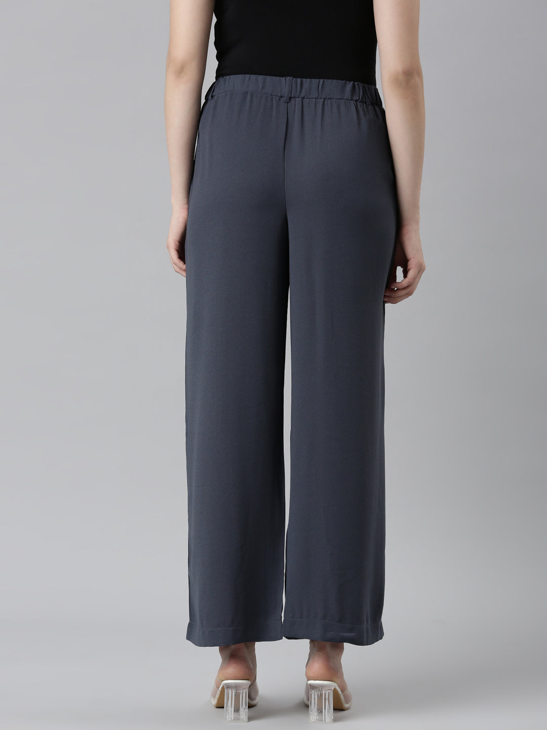 Women Solid Dark Jean Blue High Rise Crepe Wide Pant