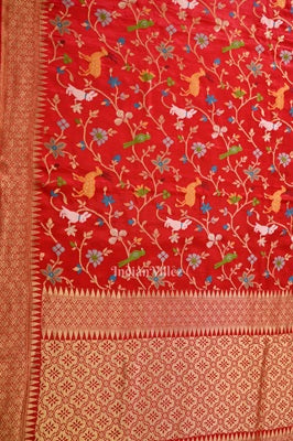 Pure Authentic Red Tussar Banarasi Silk Saree with thread embroidery
