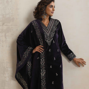 trueBrowns Purple Velvet Embroidered Kurta Pant Dupatta Set