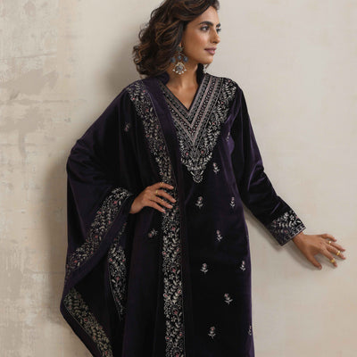 trueBrowns Purple Velvet Embroidered Kurta Pant Dupatta Set