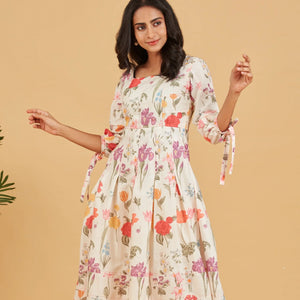 White Multicolour printed floral A-line Dress